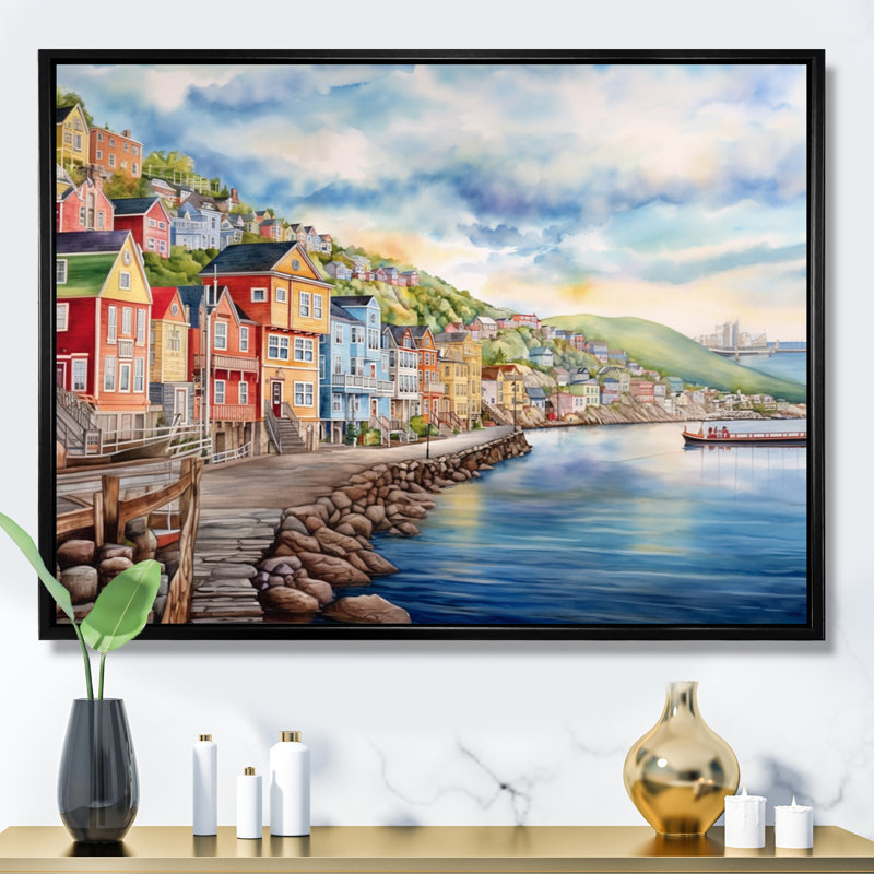 Terre-Neuve côtière rétro I sur toile, H 34 po x l 44 po x P 1,5 po, Cadre flottant noir