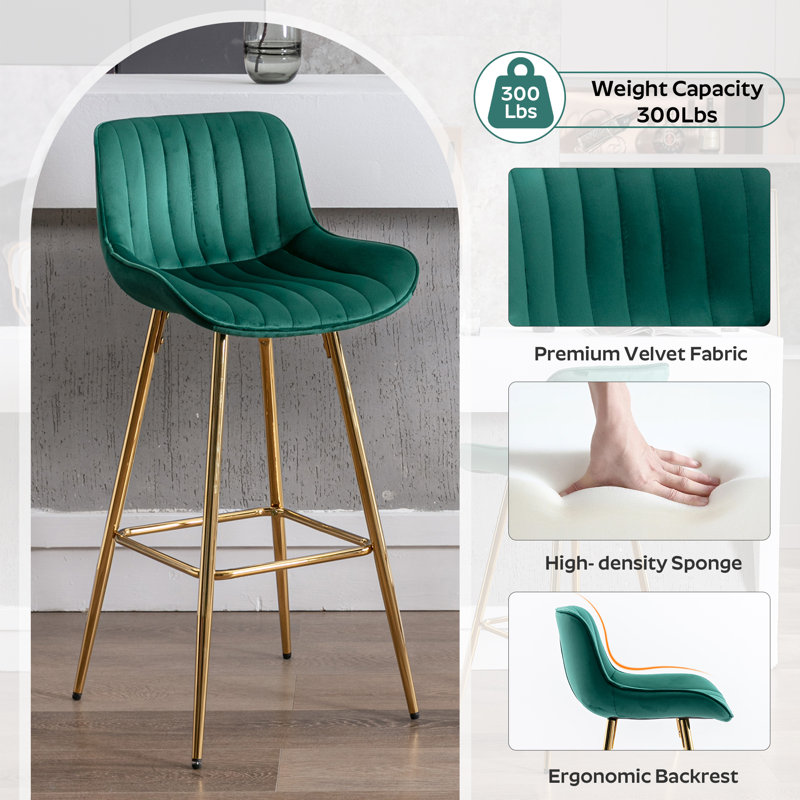 Set of Bar Stools, Velvet Fabric Counter Stool, Green, 6, Counter Stool (26.38" Seat Height)