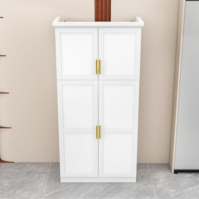 Armoire de cuisine autoportante en bois avec tablette réglable, plateaux coulissants et dispositif de sécurité, Blanc, Doré