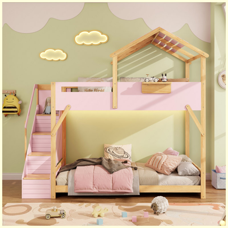 Lit superposé simple au-dessus de simple avec escalier et lumières DEL 3 couleurs, rose