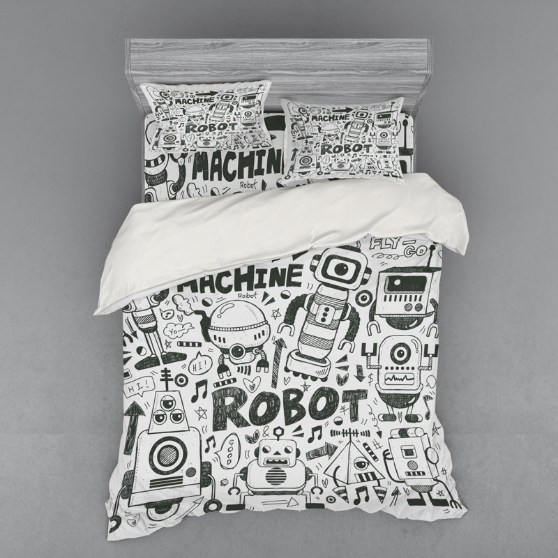 Robot Quilt Set, Queen Duvet Cover + 3 Additional Pieces