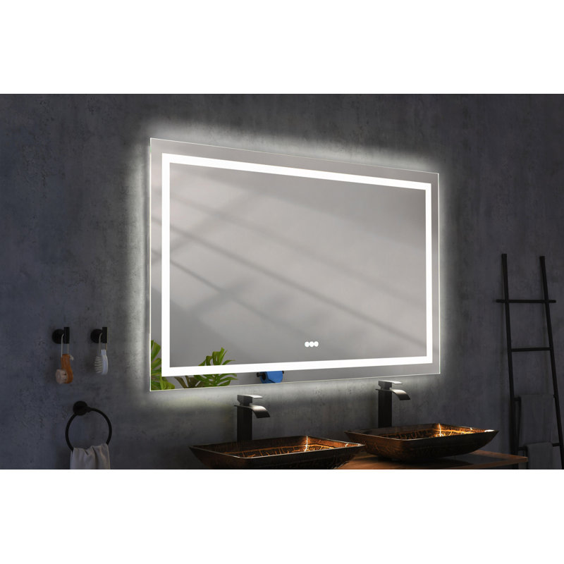 Miroir de salle de bain 60 po x 36 po à DEL avec façade et rétroéclairage, miroir de meuble-lavabo mural, antibuée, mémoire, 3 couleurs, réglable en continu
