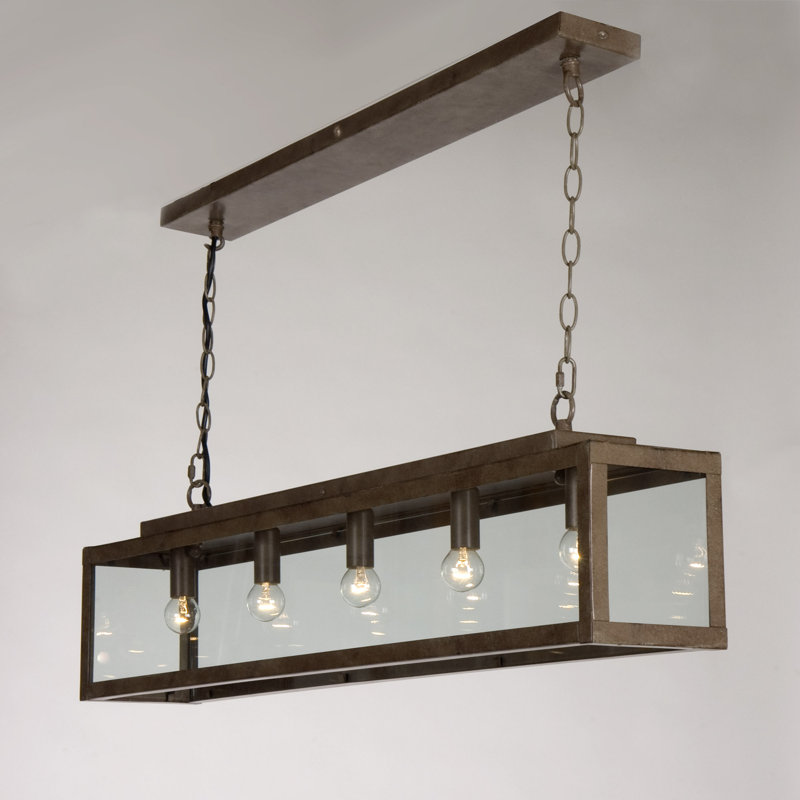 Taplin 5 - Light Kitchen Island Pendant, Rusty Metal and Clear Glass