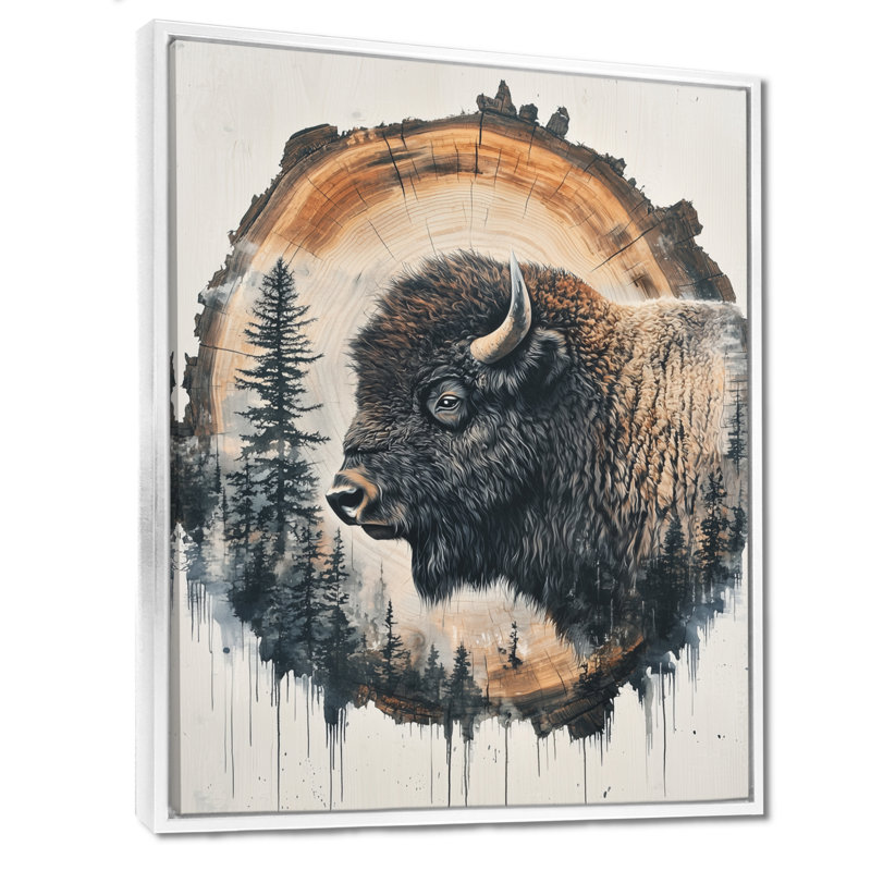 Tête de bison Geronda, H 40 po x l 30 po, Reproduction avec cadre flottant, Blanc