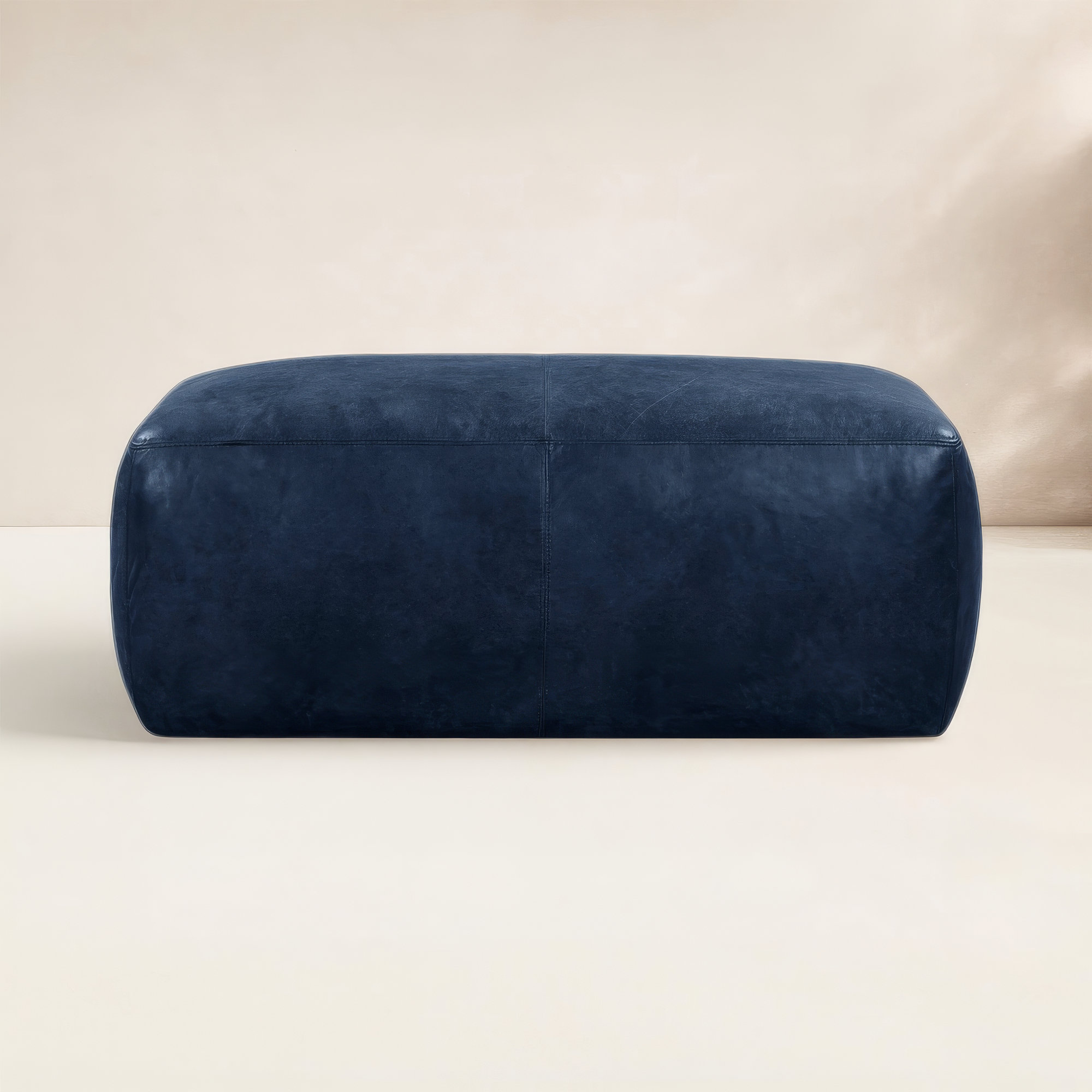 Denver Full-Grain Genuine Italian Leather Ottoman, Midnight Blue Genuine Leather