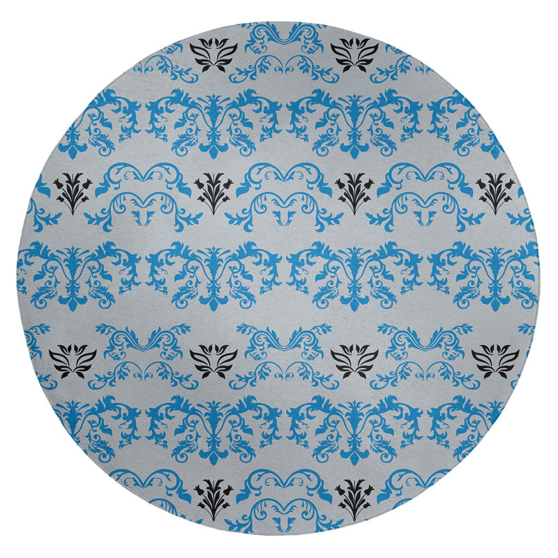 Tapis rond argenté à motif damassé baroque