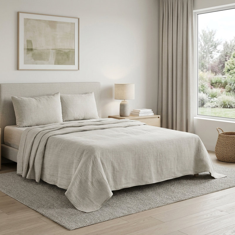 Four Piece Light Gray Linen Sheet Set, King Sheet Set