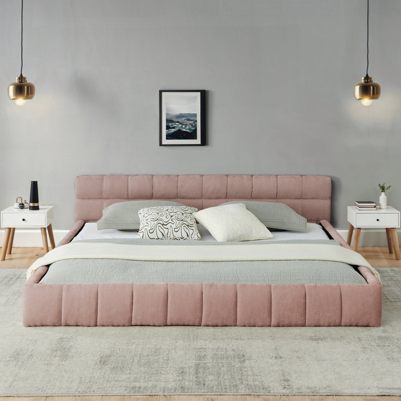 Structure de lit rembourrée avec tissu épais en chenille et lit plateforme avec tête de lit et structure solide, Rose