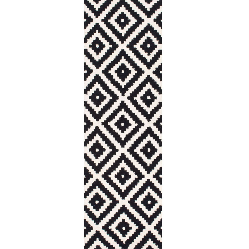 Decca Geometric Handmade Tufted Wool Black/Cream Area Rug, Runner 2'6" x 12'