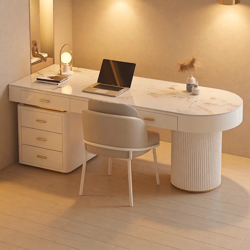 Bureau 62,99 "à demi-cercle beige en bois fritté, 5 tiroirs, H 29,53 po x l 62,99 po x P 27,56 po