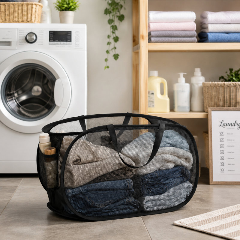 Set Of 2 Black Foldable Laundry Baskets — Pop-Up Mesh Hampers With Handles | Reinforced Steel Ring & Durable Material — Versatile For Bathroom, Dorm, Or Travel Use