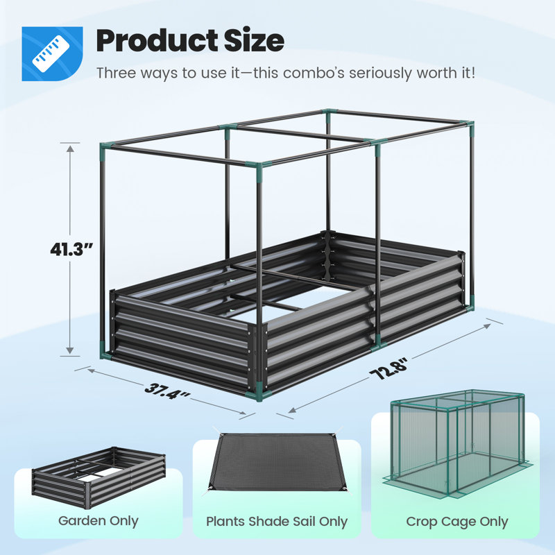  Lit de jardin surélevé 6 x 3 x 1 pi en acier galvanisé avec cage de protection végétale, 6 pi x 3 pi x 1 pi gris foncé
