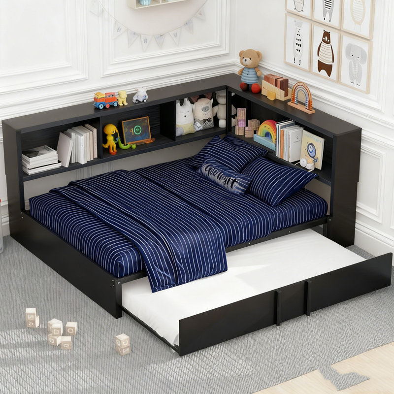 Lit de jour avec couchette, armoires de rangement et ports USB, Noir