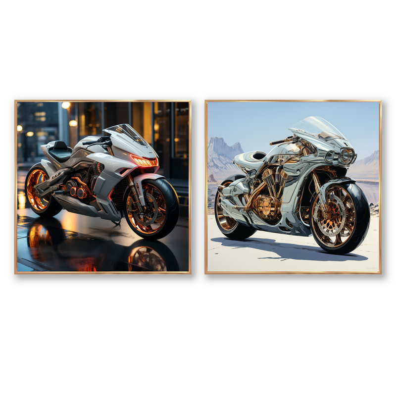 Futuriste Speedster - ensemble de 2 collages carrés de moto, H 16 po x l 33 po, Cadre flottant doré