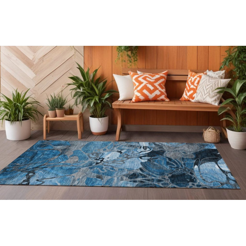 2' X 8' Blue and Gray Abstract Washable Indoor Outdoor Runner Rug