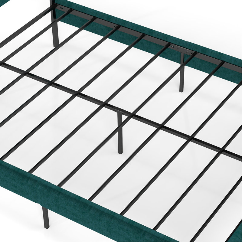 Base de lit tapissier grand format avec tête de lit, aucun sommier requis, rangement sous le lit 14 po, Grand lit, Noir/vert