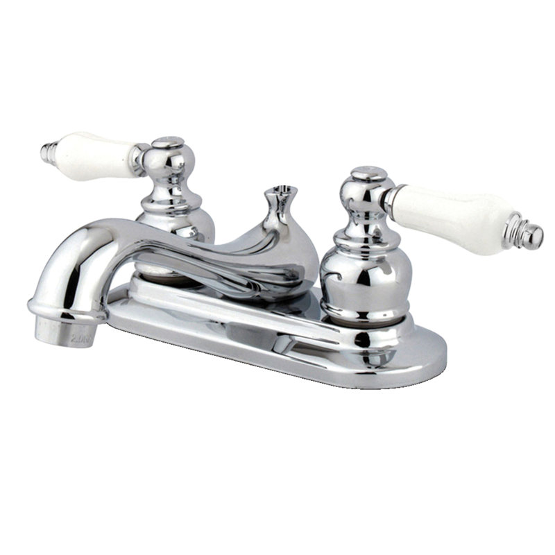 Kingston Brass Restoration Two-Handle 3-Hole Deck Mount 4" Centerset Bathroom Faucet with Plastic Pop-Up, Polished Chrome