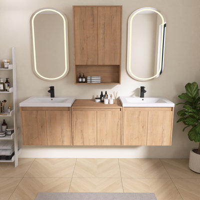 Meuble-lavabo mural double 72 po avec lavabo en résine Vowar, 8 portes à fermeture douce et une armoire latérale