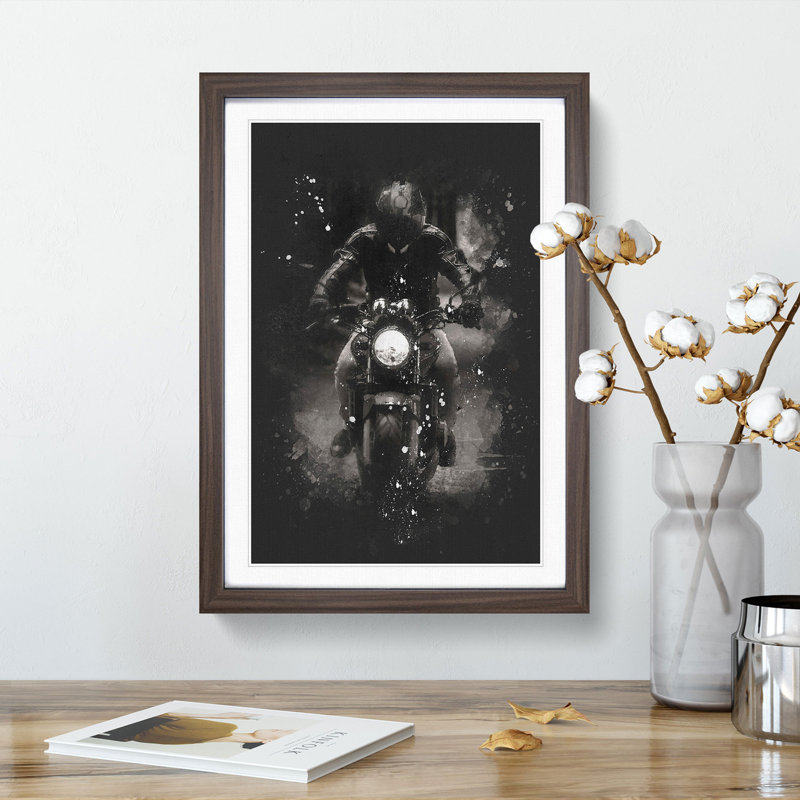 Motorbike Rider in Sepia - Picture Frame Graphic Art Print, 33cm H x 24cm W x 2cm D, Walnut Framed