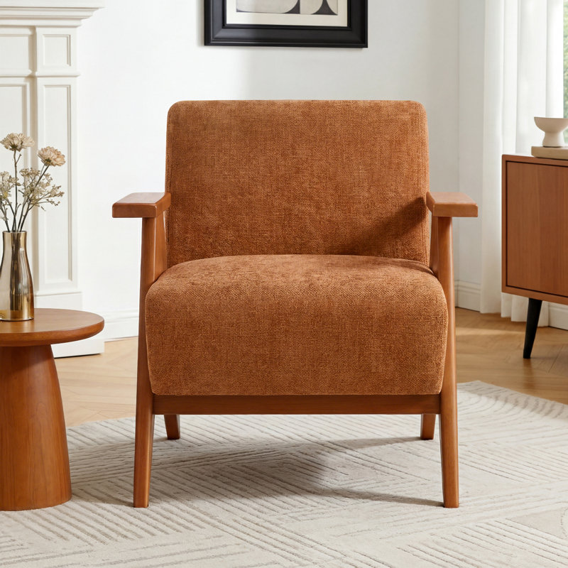 28"W Upholstered Arm Chair with Wood Legs, Orange