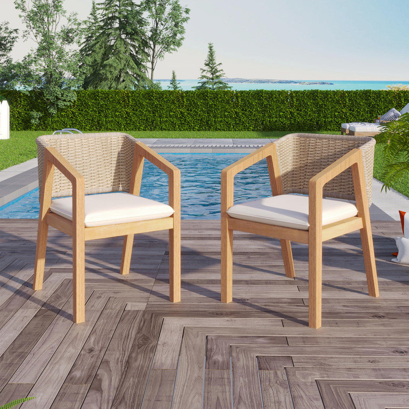 Ensemble de chaises de salle à manger 2 pièces en bois massif avec motif de corde - Chaises de patio rembourrées imperméables