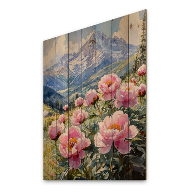 Pivoines dans la brise alpine II - Décoration murale en bois de pivoines - sur bois de pin naturel
