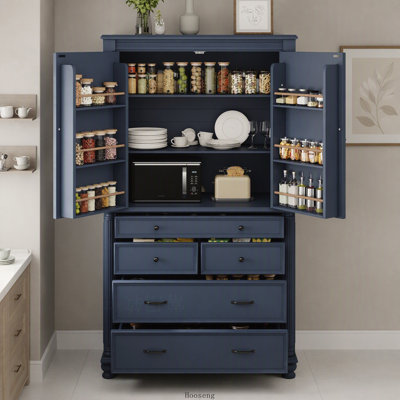 Grand garde-manger autoportant 43,3 x 20 x 77,3 pouces avec 6 tablettes de porte, 2 tablettes réglables et 5 tiroirs, bleu