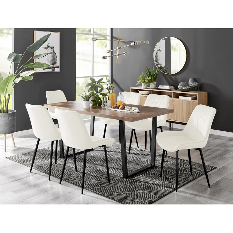 Kylooe Modern Sleigh Style Dining Table Set With 6 Luxury Quilted Velvet Dining Chairs, Brown, Cream/Black