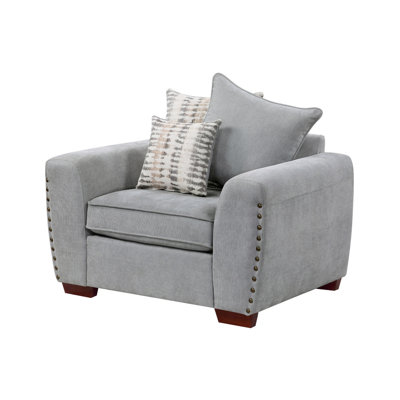Gini Accent Chair with 3 Accent Pillows, Nailhead Trim, Gray Chenille