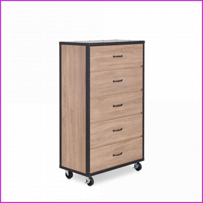 Chests &amp; Wardrobes, Industrial Weathered Light Oak 5-Drawer Chest with Casters | Light Oak | MDF,Synthetic Wood