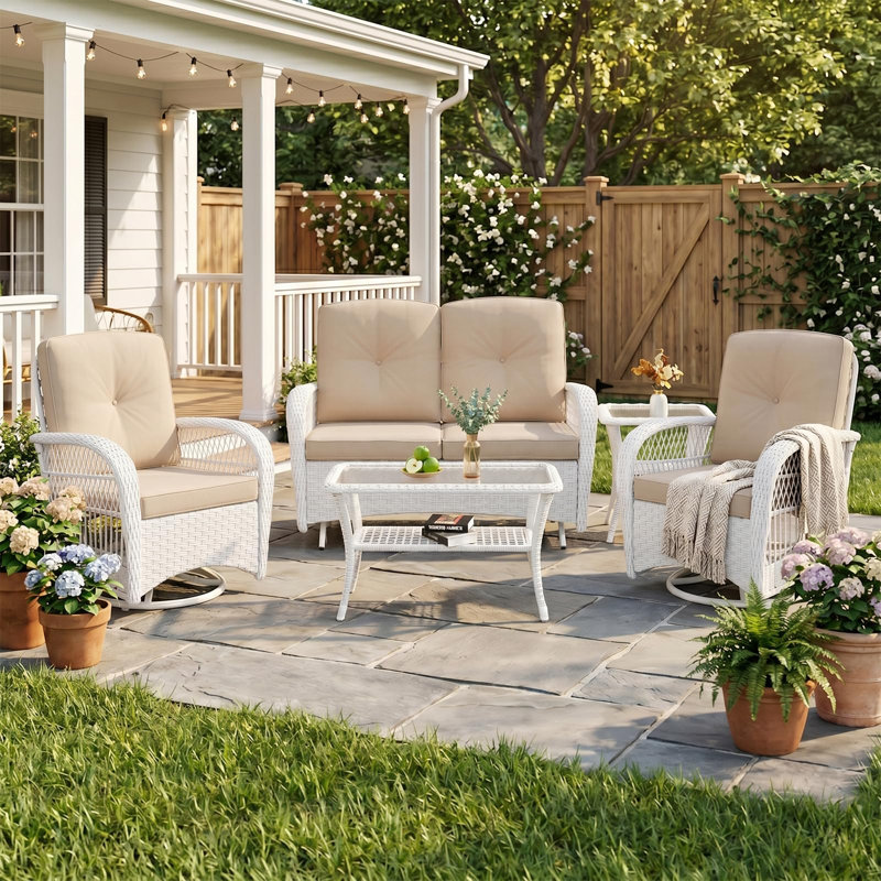 Winston Porter 5-piece Outdoor Patio White Wicker Conversation Sets, All Weather Outdoor Rattan Furniture Set Includes Glider Loveseat, 2 Coffee Table, 2 Swivel-gliders Chairs With Cushions