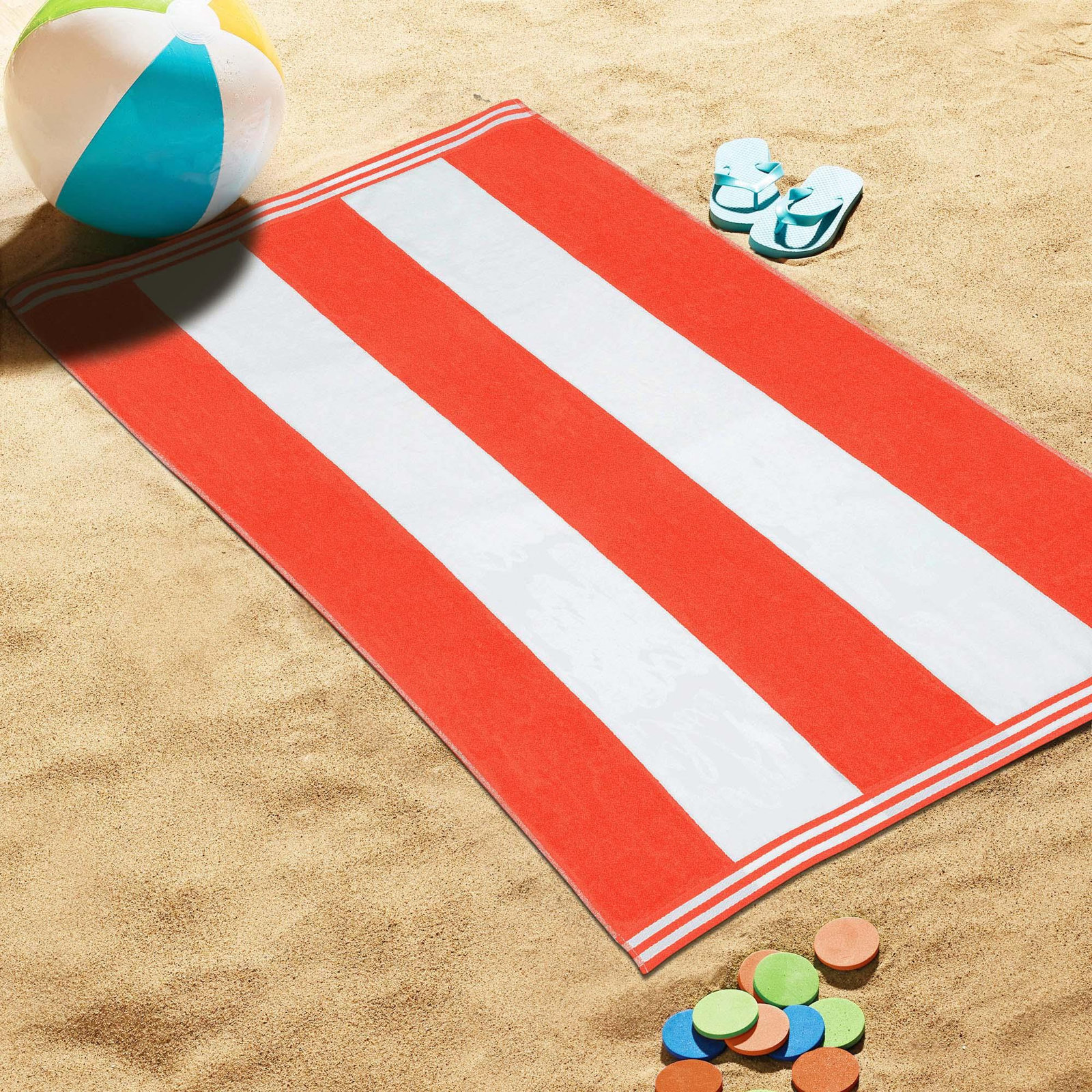 Calheta Cotton Oversized Cabana Stripe Beach Towels, Coral, 1