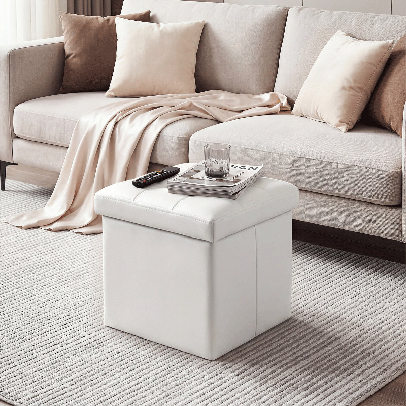 Upholstered Storage Ottoman, PU Leather Tufted Folding Footstool Foot Stool with Foam Padded Seat, White