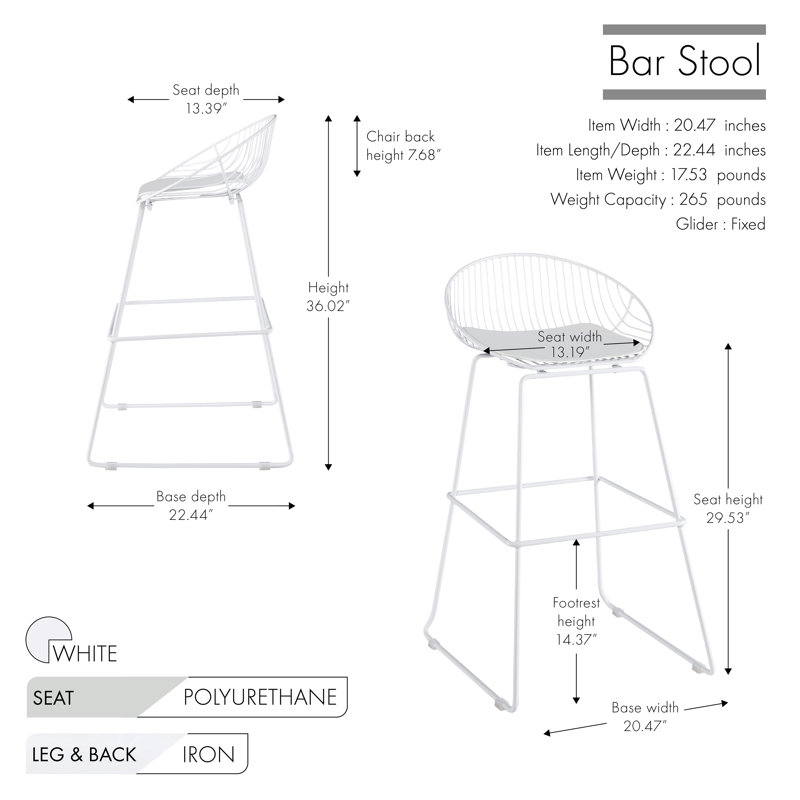 29.53" Iron Wire Bar Stools with PU Leather Seat Pad, White