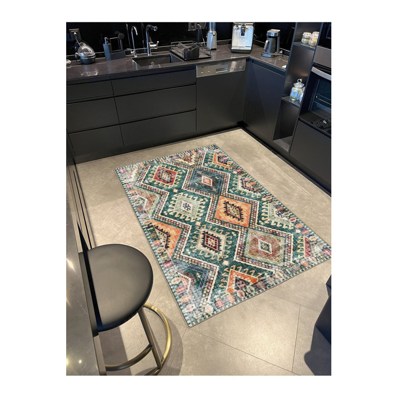 Tapis tissé à motif géométrique traditionnel lavable à la machine, Rectangle 4 pi 7 po x 6 pi 7 po