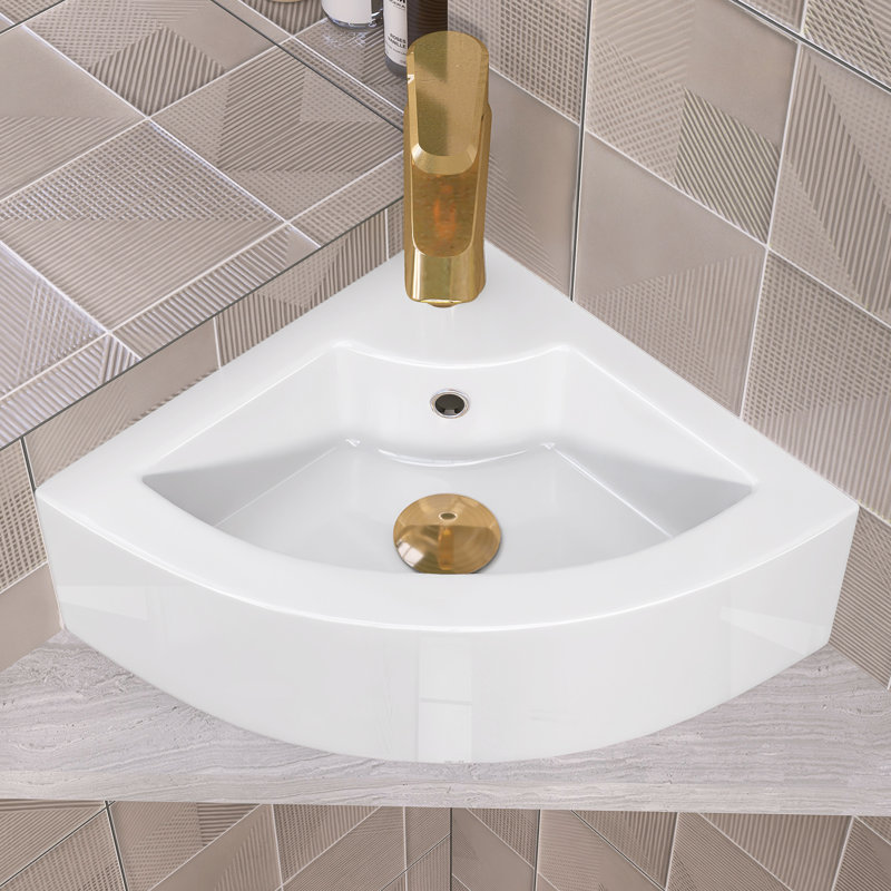 18" W X 13" D Wall-Mounted Corner Bathroom Sink Triangle Wall Hung Ceramic RV Sink Floating Vessel Sink with Integrated Overflow in White