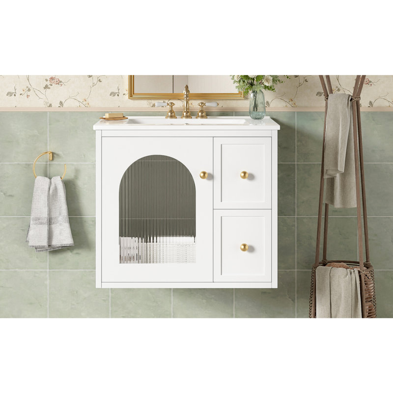 Ensemble de meuble-lavabo mural 24 po pour petit espace, armoire de salle de bain avec lavabo en céramique, 2 tiroirs et 1 porte à fermeture en douceur