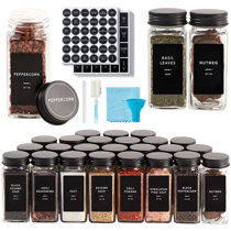25 Glass Spice Jars with 396 Spice Labels, Chalk Marker and Funnel Complete  Set. 25 Square Glass Jars 4OZ, Airtight Cap, Pour/sift Shaker Lid