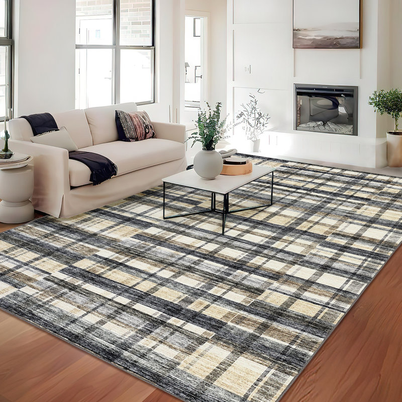 Modern Machine Washable Plaid Floor Cover with Non-Slip Backing, Stain-Resistant Low Pile Indoor Mat, Farmhouse Accent Carpet