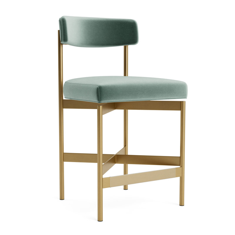 Remy Bar Stool, Performance Velvet - Jade, Brushed Brass, Counter Stool (25” Seat Height)