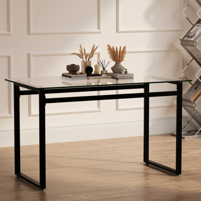 Table de salle à manger 4 à 6 places en verre avec pieds en métal trempé et noir de 0,31 po, séduisant pour le salon de cuisine 51 po 6, esthétique minimaliste moderne,