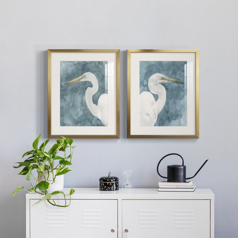 Aquarelle, héron, portrait I - reproduction encadrée de qualité supérieure - prête à être accrochée