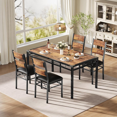 Dining Table Set with Wood Table and Upholstered Chairs, 5-Piece, Seats 4, for Dining Room or Apartment, Rustic Style