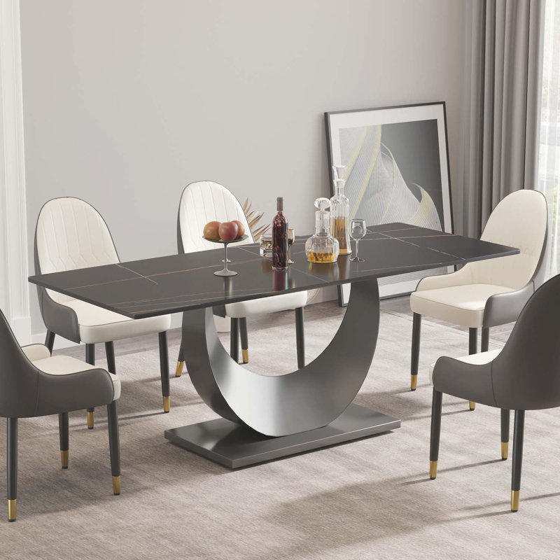 Kentrez Stone Top Metal Base Dining Table, Black, 35.43" W x 78.74" L