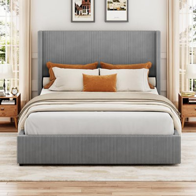 Upholstered Platform Bed Frame with Storage Drawers, Corduroy Wingback with Tufted Headboard