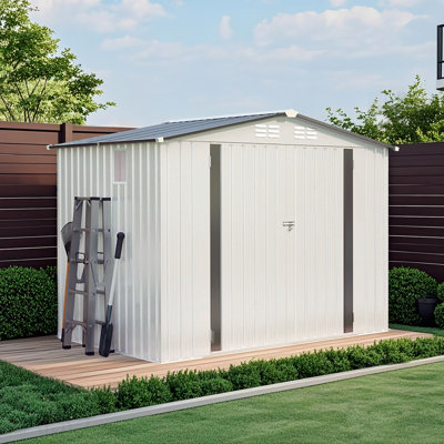 Remise de rangement en métal pour l'extérieur en métal 8 x 6 pi, remise à outils avec toit incliné, une fenêtre imperméable et deux portes verrouillables, remise à outils en métal pour le rangement d'outils de jardin, les articles divers et le rangement pour vélos - blanc et gris