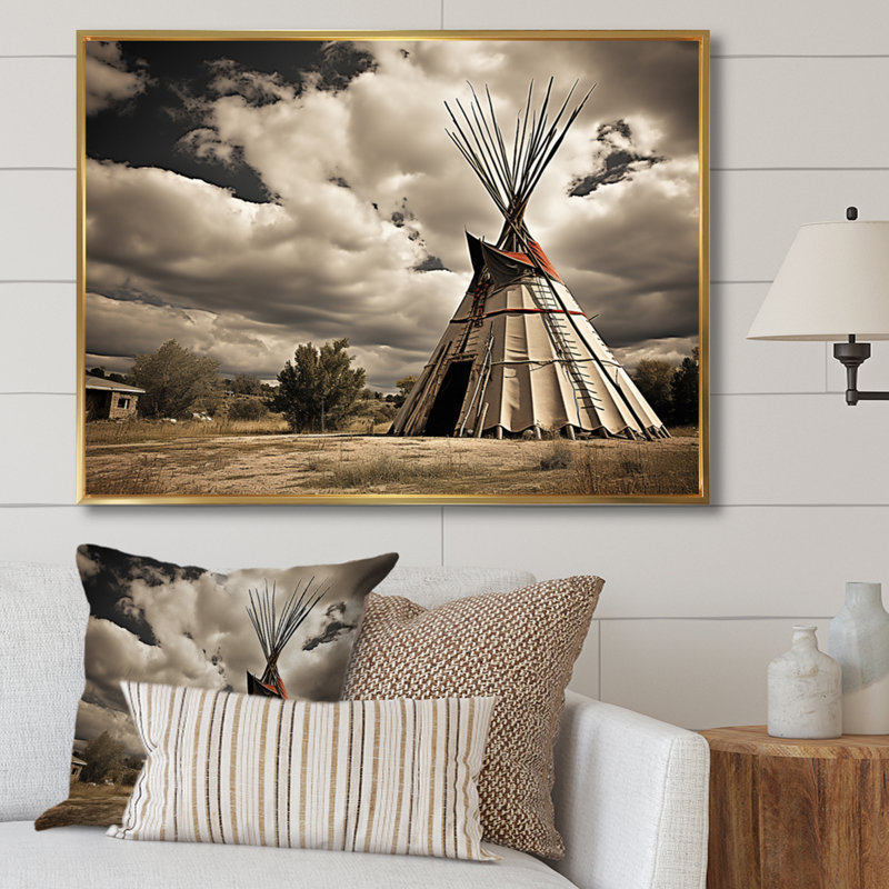 Grey Native Tipi Shadows Of Heritage I - Native American Canvas Art Print, H 16 po x l 32 po x P 1 po, Cadre flottant doré