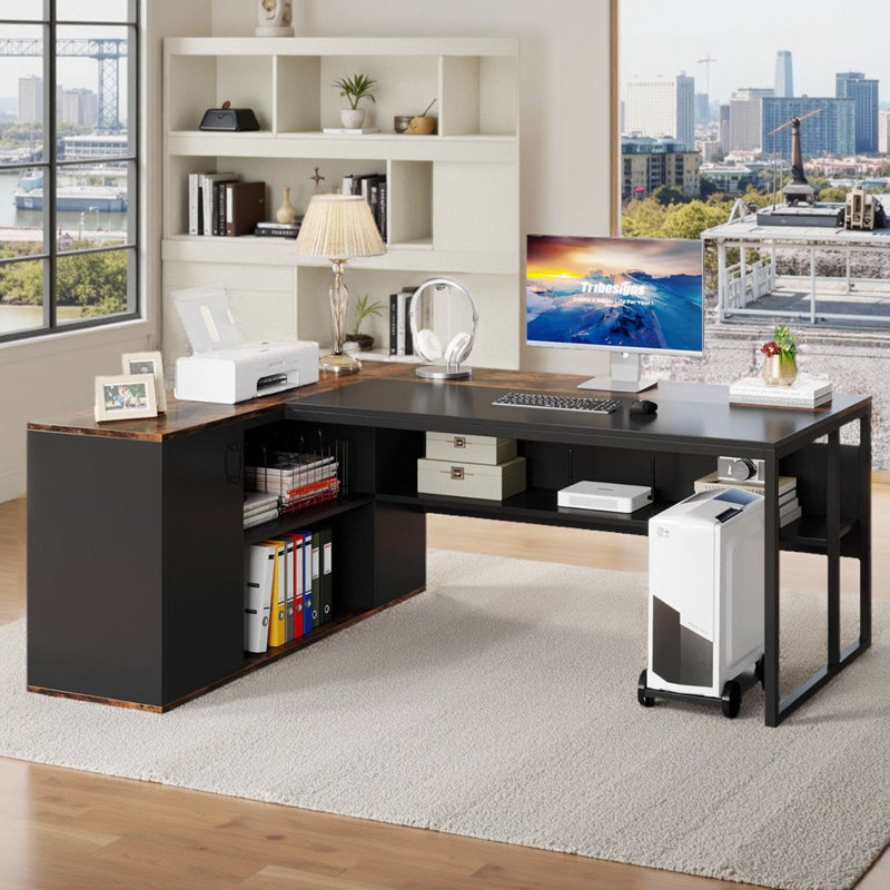 Bureau de direction en L 71 "avec armoire de rangement - poste de travail industriel avec support d'imprimante et support pour unité centrale, bureau d'ordinateur pour bureau personnel