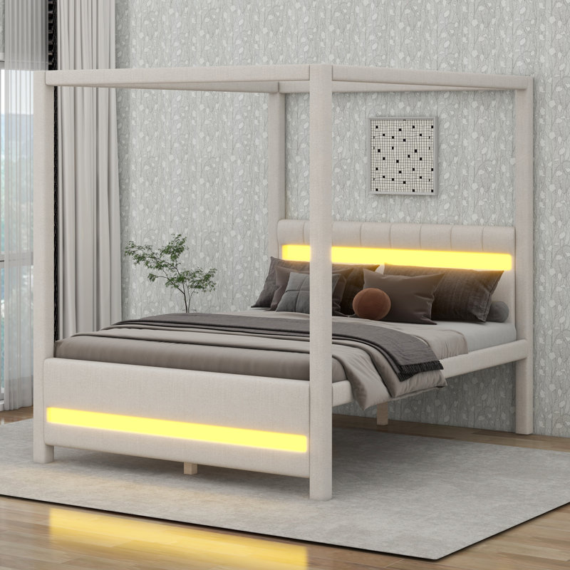 Grand lit plateforme à baldaquin tapissier avec lumières DEL