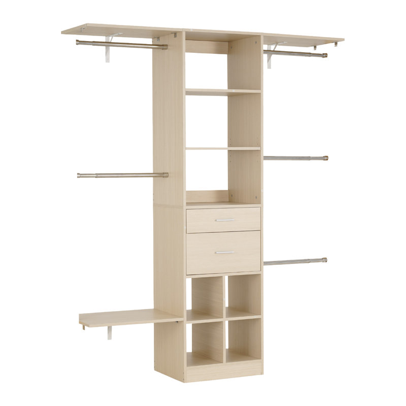 Closet System with 2 Drawers, Adjustable Height Wooden Closet Organizers, Modern Walk-in Wardrobe Organization with 5 Retractable Clothes Hanger Rods, Freestanding Garment Rack Storage, Oak Grey